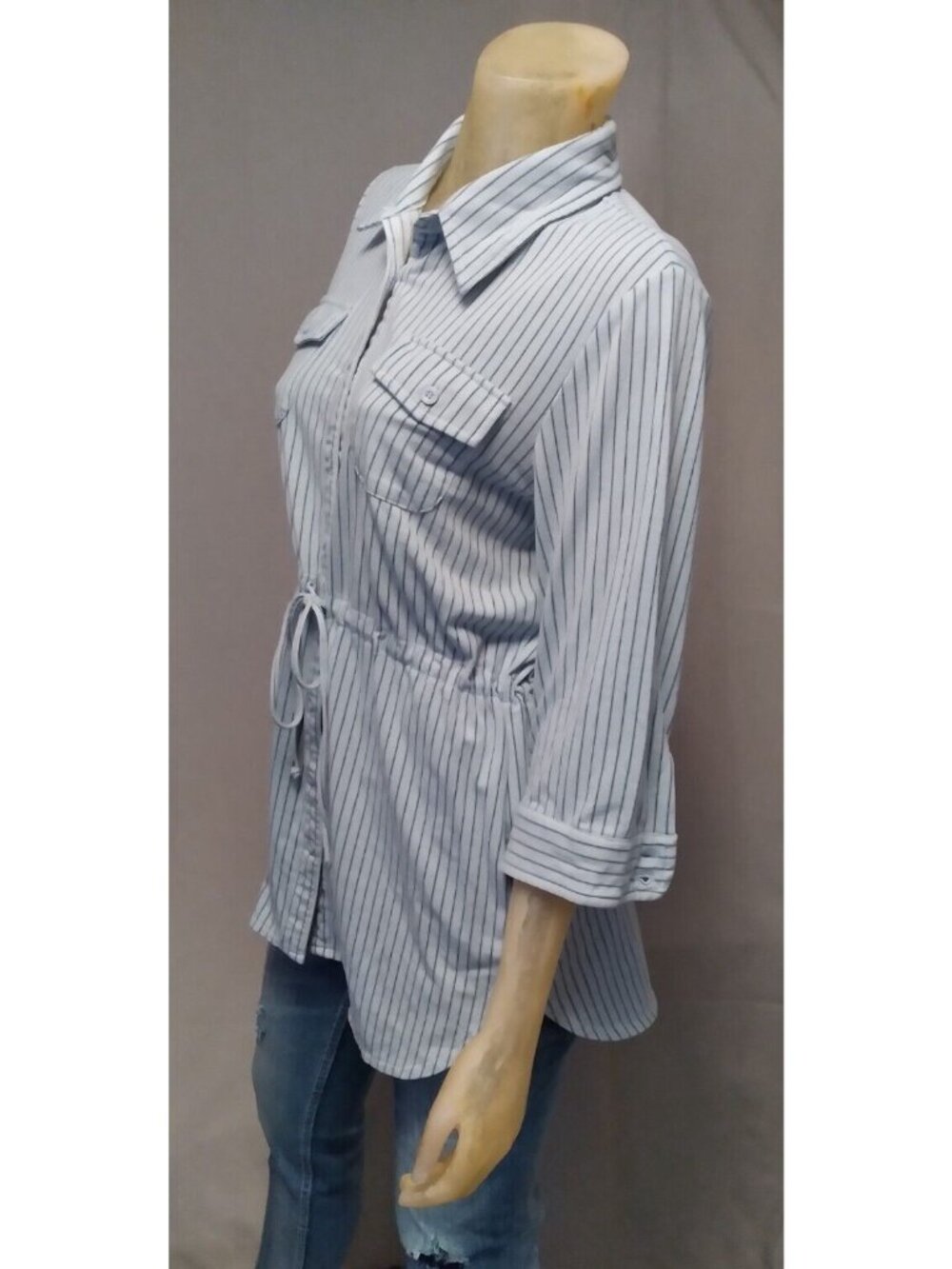 City Hearts Blue Striped Collared 3/4 Sleeve Blouse Top Shirt Womens USED MEDIUM - Picture 5 of 6